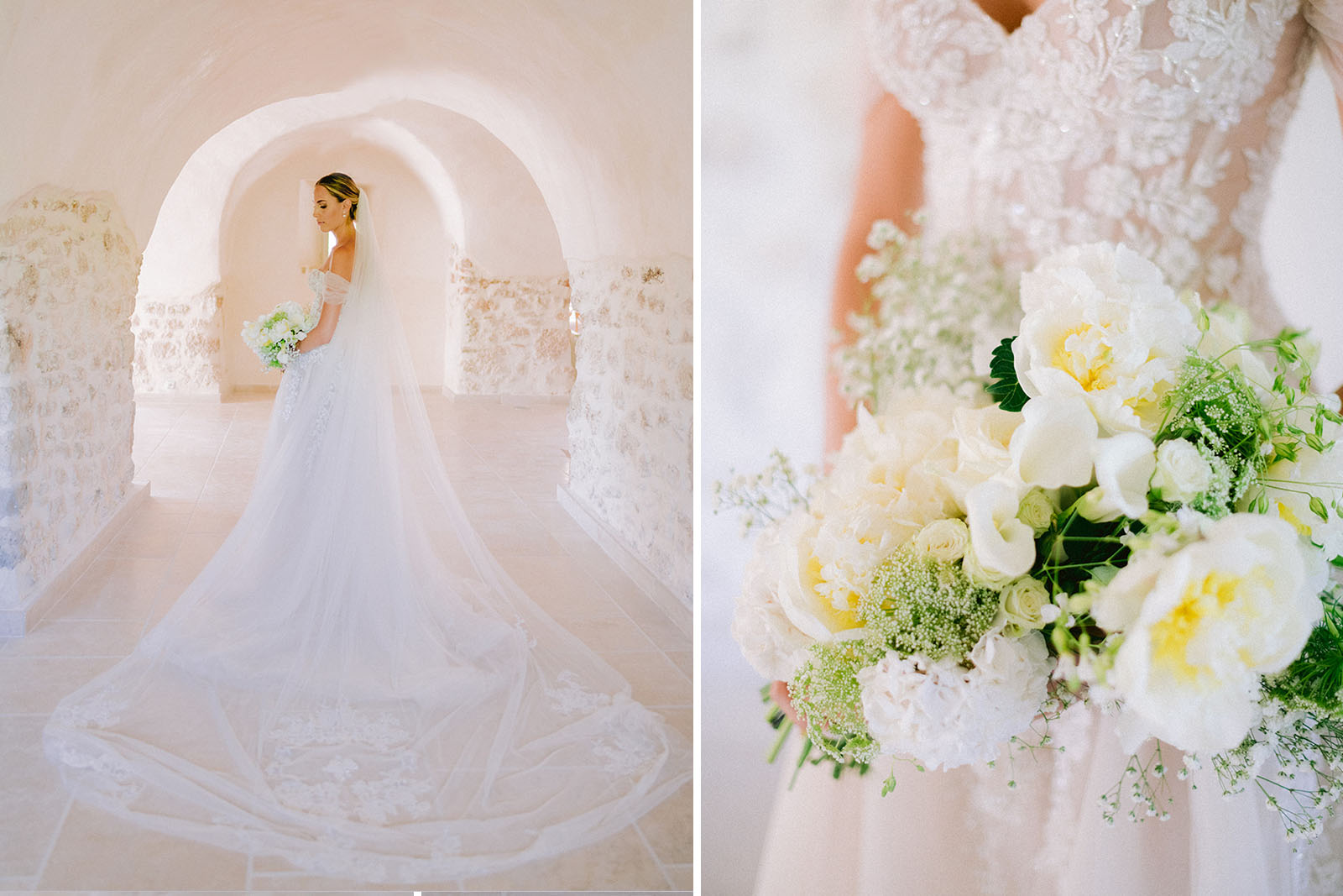 une pariée pose avec sa robe et son bouquet de mariage